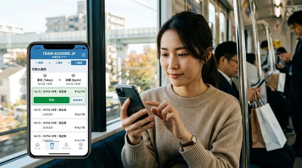 スマートフォンのアプリで直感的に列車の切符を予約している様子
