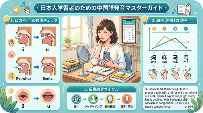 鏡を見ながら発音練習をする学習者