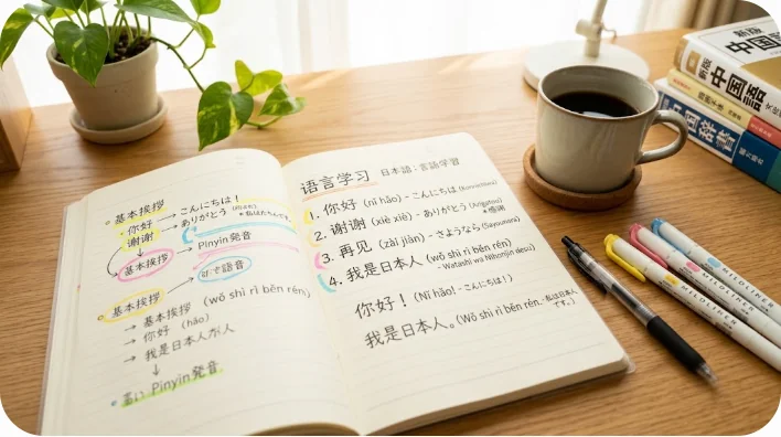 清潔でモダンな木の机の上に置かれた漢字が書かれたノートとカラフルなマーカー