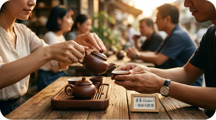 木製のテーブルの上にある伝統的な中国茶器でお茶を分け合う2人の手のクローズアップ