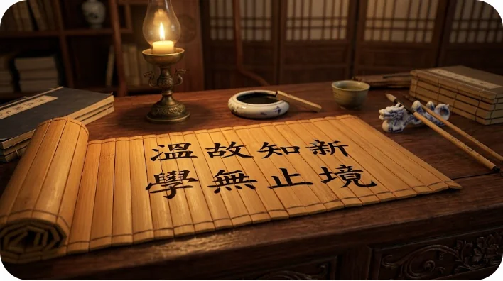 木彫りの机の上に置かれた古代中国の竹簡の巻物。温かいろうそくの光に照らされ、美しい筆文字が見える。