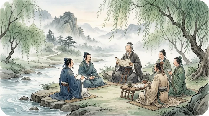 霧に包まれた谷の流れる川のほとりで、伝統的な漢服を着た古代中国の学者たちが静かに集まり、柳の木の下で詩を朗読している様子