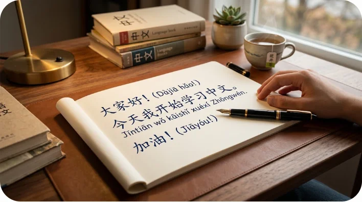 木製のデスクの上に、漢字とピンインが綺麗に書かれたノートとペンが置かれている学習風景のクローズアップ
