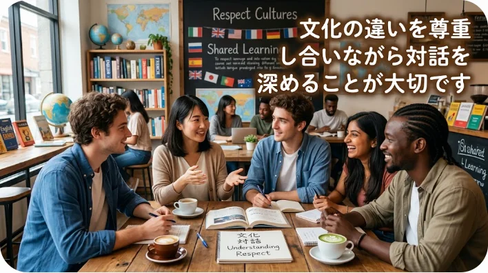 カフェで笑顔で会話を交わす日本人と中国人の大人二人。