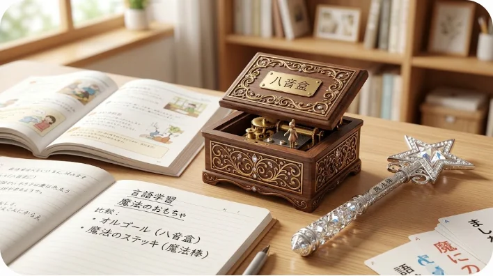 木製の机の上に置かれた、美しく輝くオルゴールと星型の魔法の杖