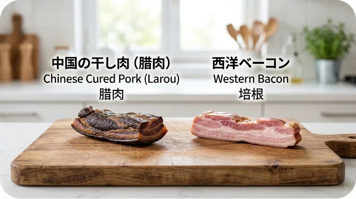 まな板の上で伝統的な中国の腊肉と一般的な西洋のベーコンを比較している様子