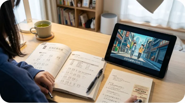 中国アニメの用語を学ぶ学習者の机の様子