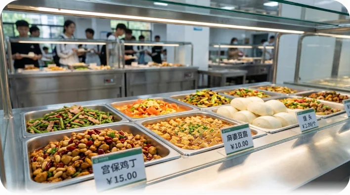 中国の大学食堂のショーケースのクローズアップ。炒め物や肉料理、饅頭など、色とりどりの料理が並んでいる。