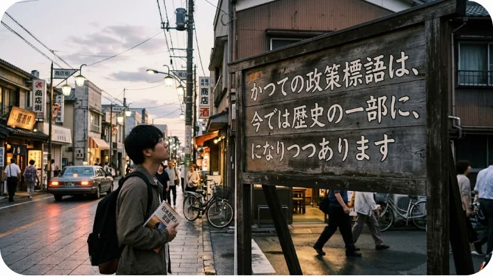 博物館に展示された、色褪せた中国語の古いポスターや歴史的文書