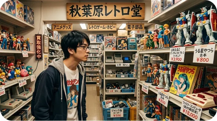 アニメグッズの入った買い物袋を持ち、東京の賑わう駅前で楽しそうに会話する東アジアの大人の旅行者2人