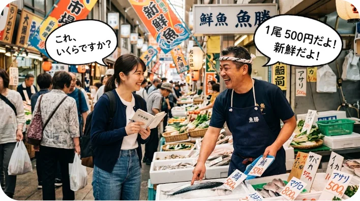 広州の活気ある伝統的な市場で、東アジア系の学習者が地元の親しみやすい店主と笑顔で値段交渉などの自然な会話を楽しんでいる様子。