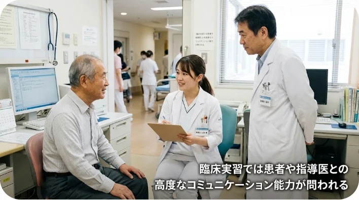 診察室で中医師から診断技術を学んでいる医学生