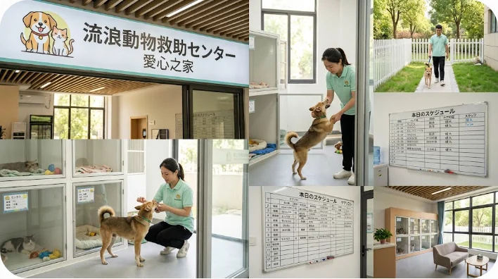 中国の動物保護施設で保護猫の健康状態を丁寧に確認するボランティアスタッフ