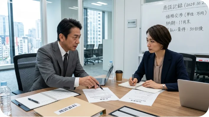 清潔で明るいオフィスにて、書類を見ながら真剣な表情で契約内容について話し合う東アジアのビジネスパーソン2名の様子