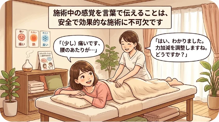 ベッドに横たわり施術者と穏やかに感覚について言葉を交わす患者