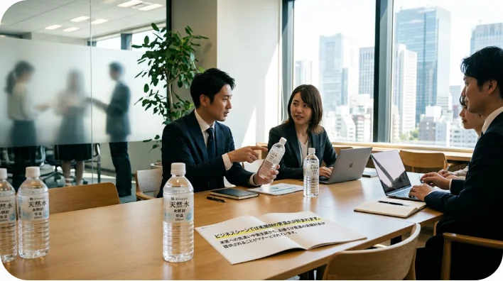 会議室のテーブルに並べられた未開封のミネラルウォーターとティーカップ