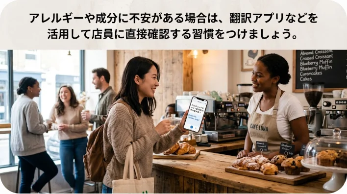 スーパーのレジ付近で店員と笑顔で会話しながら成分について尋ねる買い物客