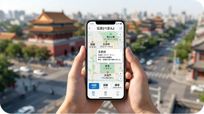 スマートフォンで中国の地図アプリを見ている様子