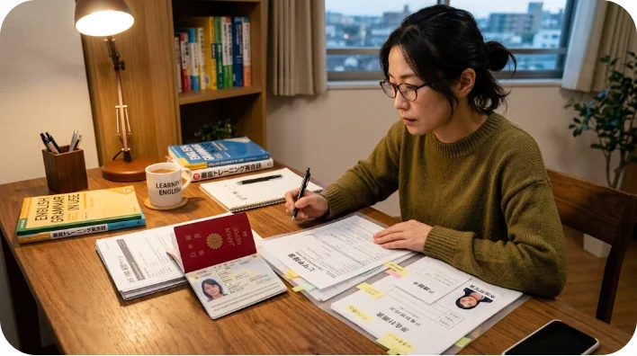 木製の机の上にある様々なビザ申請書類とパスポートを思慮深く見つめる東アジア人の大人