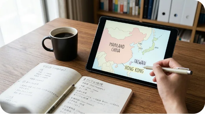 東アジアの地図を表示したタブレットと学習用ノート