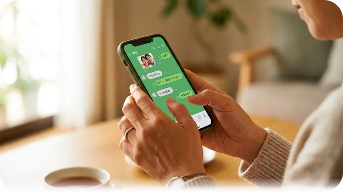 スマートフォンで緑色のメッセージアプリを使う人の手元