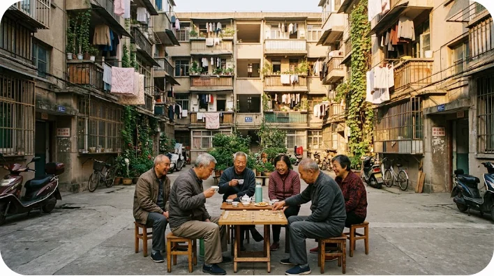夕暮れ時の中国の古い団地の広場で、高齢者たちが集まって将棋をしたりお茶を飲んだりして談笑している様子