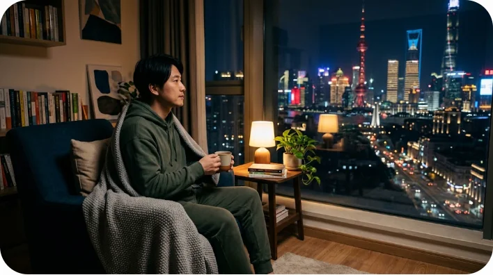 中国のマンションの一室で静かに外を眺めて休む男性