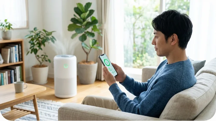 明るいリビングルームでスマートフォンで大気質情報を確認する様子