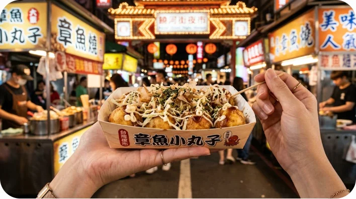 夜市の屋台で提供される、キャベツと甘いマヨネーズがたっぷり乗った中国風たこ焼き（章鱼小丸子）