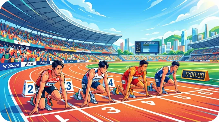 青空の下にある近代的な陸上競技場のトラックの抽象的でダイナミックなイラスト