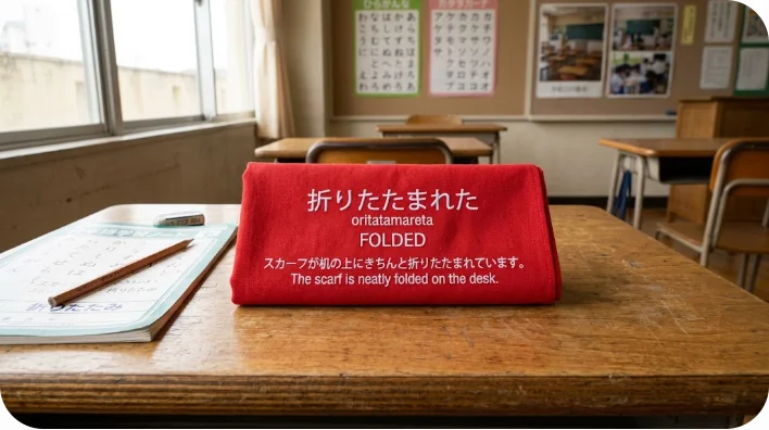 木製の学校の机の上にきちんと折りたたまれた鮮やかな赤い三角形のスカーフのクローズアップ