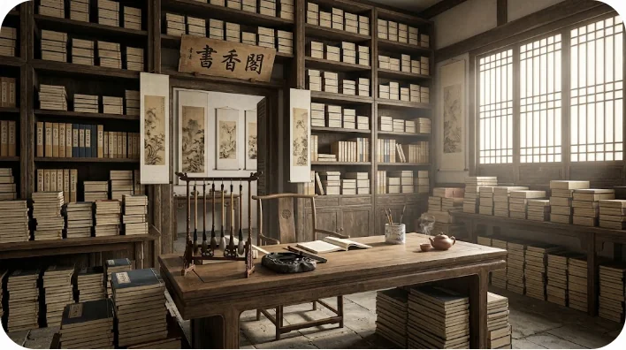 清代の書物(四庫全書)が積まれた書斎