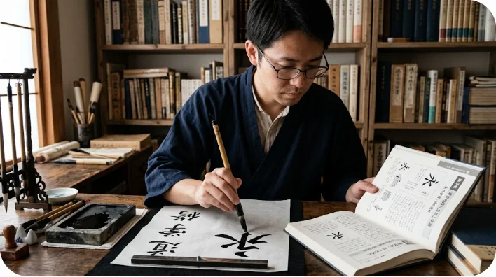 東アジア人の大人が伝統的な筆を使って和紙に漢字を書いている