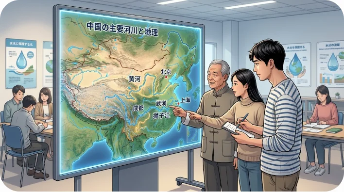 中国の地図を見ながら水資源について学ぶ学習者の様子