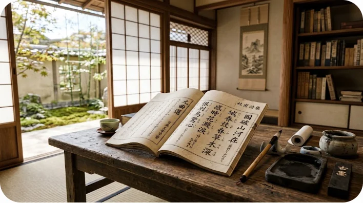 木製の机の上に開かれた古代中国の和綴じ本、近くに伝統的な書道の筆と硯