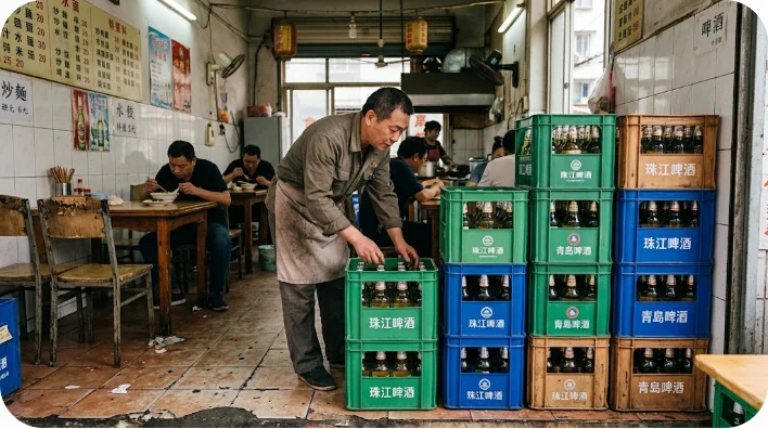 中国のローカルな食堂で常温のビール瓶がケースごと置かれている様子