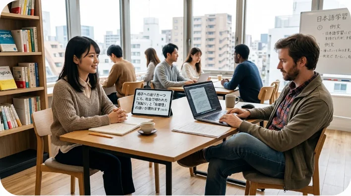 カフェで深くリラックスして座る人と、少し前傾姿勢で丁寧に座る人の対比