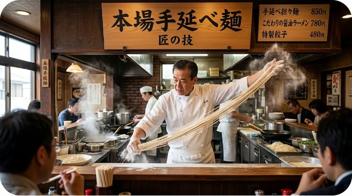 職人が生地を引っ張って麺を打つ姿