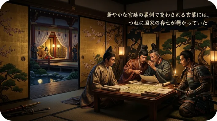 古代中国の王と美女による宮廷での緊迫した会話のシーン