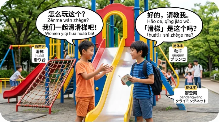公園で中国語のフレーズを練習しながら器具について会話する学習者の様子