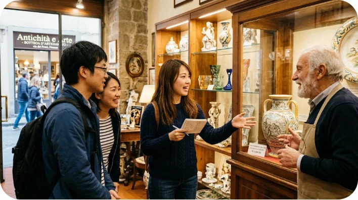 天津の伝統的な店舗で、歴史的な人物の精巧な泥人形を熱心に見つめながら会話を交わす2人の東アジアの学習者。温かな室内の照明が作品を照らしている。