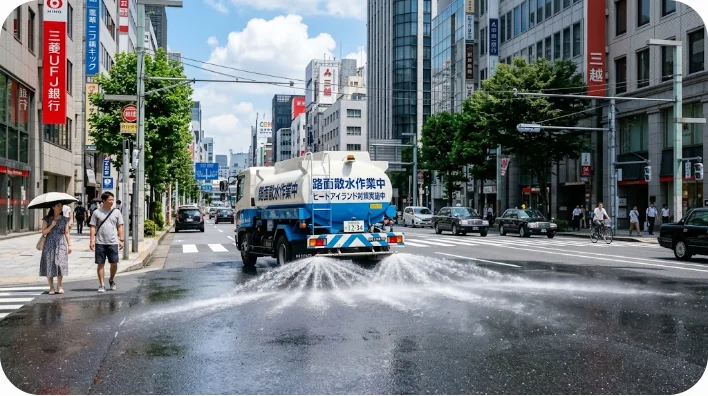 夏の中国の路上で高圧の水を散布しながら走る黄色い散水車と、日傘をさす歩行者たち