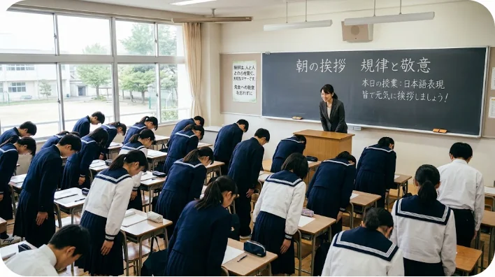 活気ある現代の中国の学校の廊下。東アジアの生徒たちが歩きながら教師に敬意を持って挨拶している。中国の典型的な制服を着た、リアルな学校生活。活発だが規律がある。