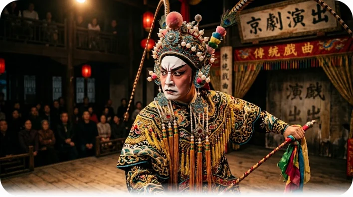 京劇の舞台で曹操を演じる役者。顔全体を白く塗った「白臉」の隈取りが特徴的。