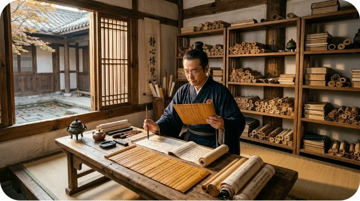 古代中国の竹簡や巻物を研究する学者