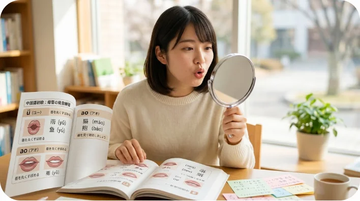 口の形や舌の位置を示すイラストを見ながら手鏡で自分の口元を確認し、中国語の母音の発音練習をしている東アジア人の学習者