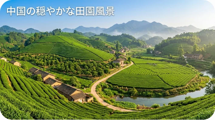 緑豊かな茶畑や果樹園が広がる中国の農村風景
