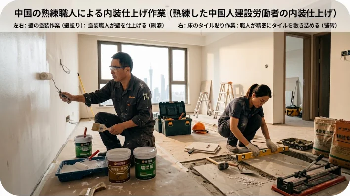 中国の内装工事現場で、塗装やタイル貼りなどの作業を真剣に行う職人たち