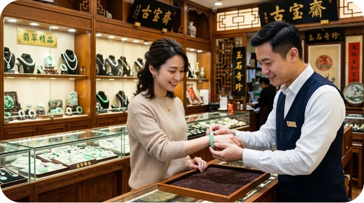 アンティークジュエリー店で、店員の案内を受けながら翡翠のバングルを試着している東アジア人女性の姿