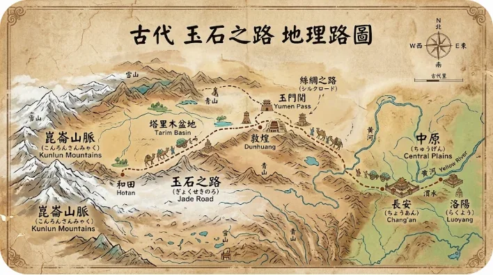 崑崙山脈から中原へと伸びる玉石之路を示す古代中国の地図風イラスト